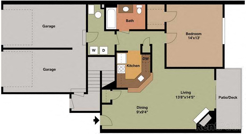 Floor plan for 1 bed, 1 bath, 868 sqft